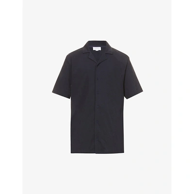 Shop Sunspel Mens Navy Camp-collar Regular-fit Cotton-jersey Shirt Xl