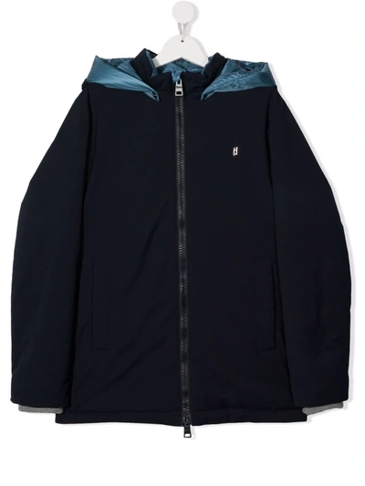 Herno Teen Zip-up Hooded Down Coat In Blue