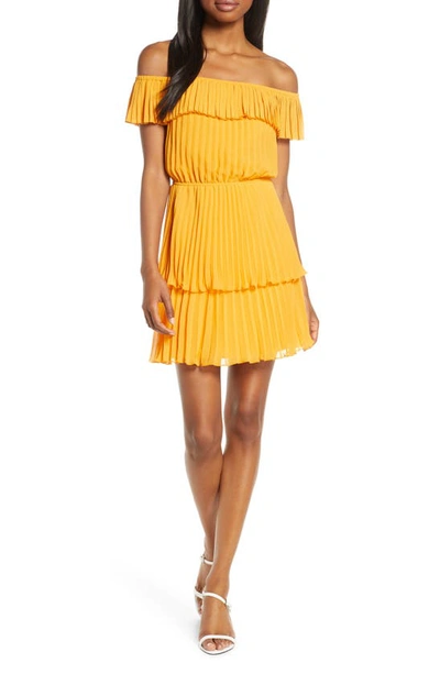 Shop Ali & Jay Head In The Clouds Off The Shoulder Pleated Minidress In Marigold