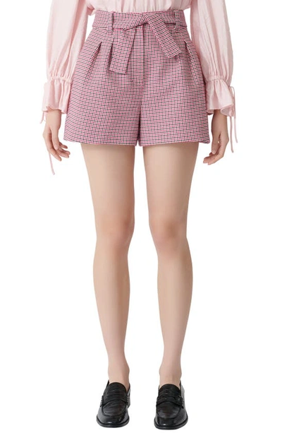 Shop Maje Ida Houndstooth Tie Waist Cotton Blend Shorts In Fuchsia