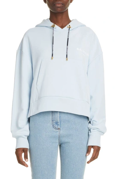 Shop Balmain Flocked Logo Crop Hoodie In Pale Blue/ White