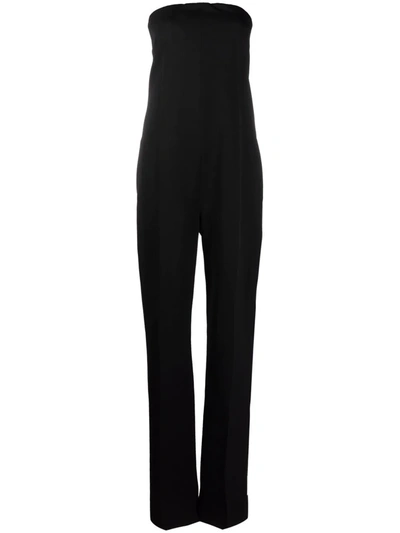 Shop Bottega Veneta Strapless Pressed-crease Jumpsuit In 黑色