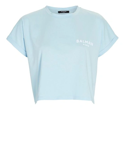 Shop Balmain Cropped Logo T-shirt In Light Blue