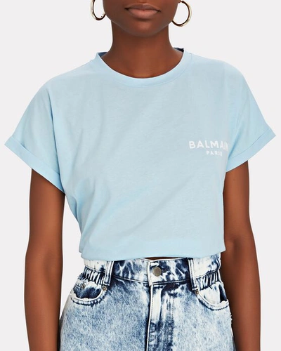 Shop Balmain Cropped Logo T-shirt In Light Blue