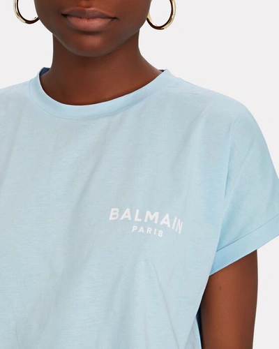 Shop Balmain Cropped Logo T-shirt In Light Blue