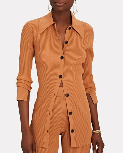 Shop A.l.c Eleanor Rib Knit Polo Cardigan In Light Brown