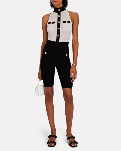 Shop Balmain Monogram Jacquard Sleeveless Bodysuit In Black/white