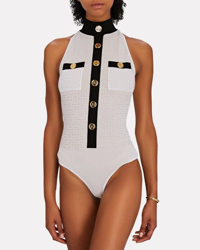 Shop Balmain Monogram Jacquard Sleeveless Bodysuit In Black/white