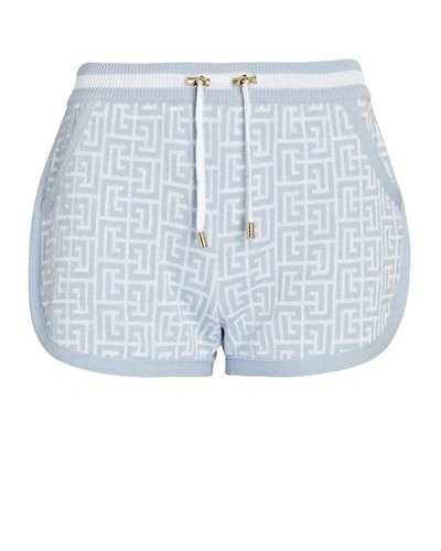 Shop Balmain Monogram Knit Jacquard Running Shorts In Light Blue