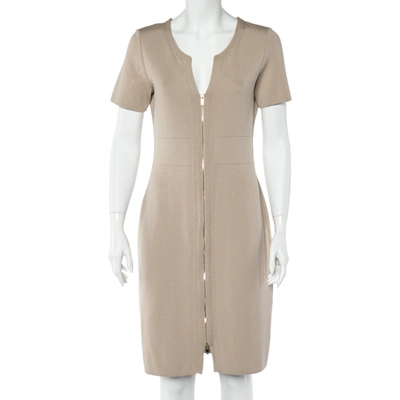 Pre-owned Ch Carolina Herrera Beige Knit Zip Front Fitted Dress M