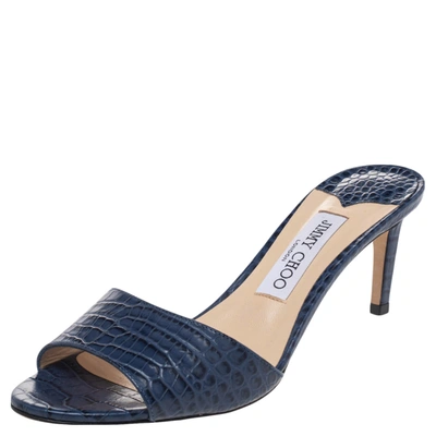 Pre-owned Jimmy Choo Blue Croc Embossed Leather Minea Slide Sandals Size 38.5