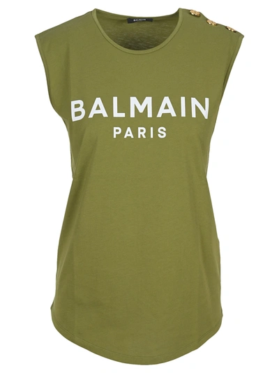 Shop Balmain Logo Printed Tank Top In Green