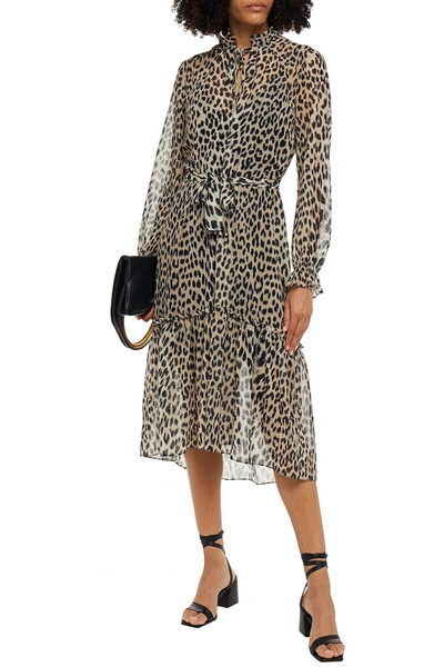 Shop Maje Belted Ruffled Leopard-print Georgette Midi Dress In Animal Print