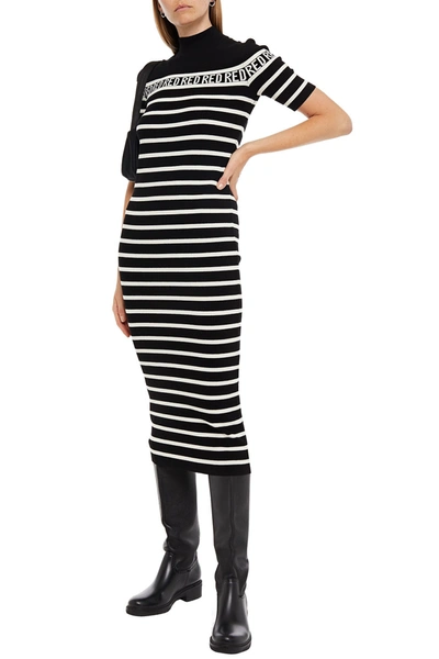 Shop Red Valentino Striped Ribbed Jacquard-knit Turtleneck Midi Dress In Black