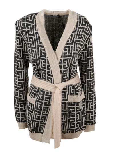 Shop Balmain Monogram Tie Belt Cardigan In Multi