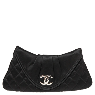 Pre-owned Chanel Black Quilted Satin Cc Half Moon Clutch