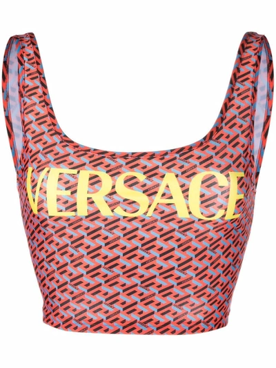 Shop Versace La Greca Swimsuit Top In Red