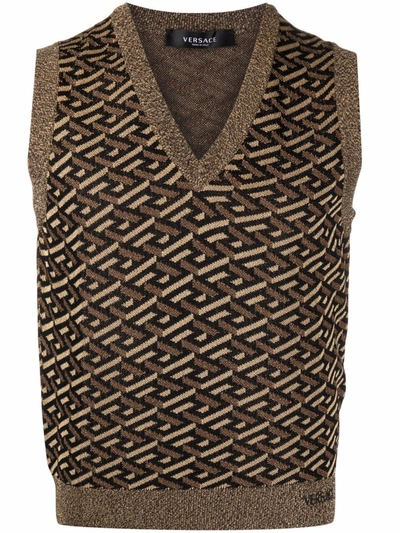 Shop Versace La Greca Pattern Knitted Vest In Gold