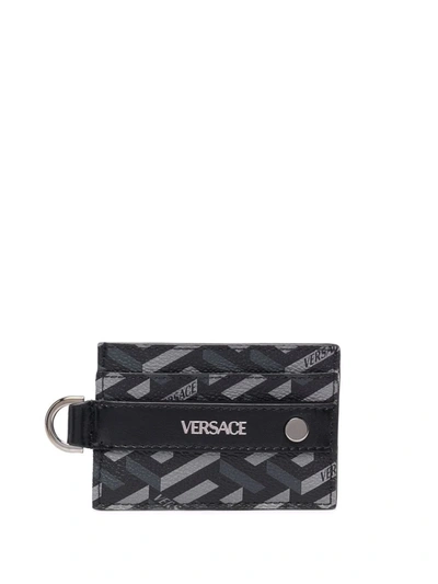Shop Versace La Greca Pattern Cardholder In Black