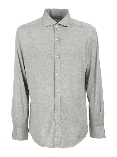 Shop Brunello Cucinelli Silk-cotton Jersey Slim Fit Shirt In Light Grey