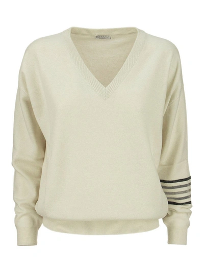 Shop Brunello Cucinelli Monili Stripe Cashmere Sweater In White