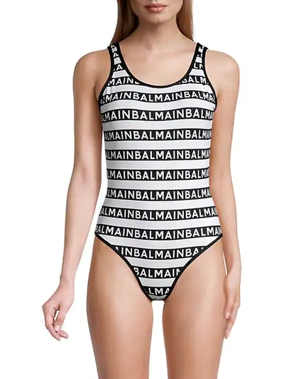 Shop Balmain Women's Olimpionic Stripe Logo One-piece Swimsuit In White Black