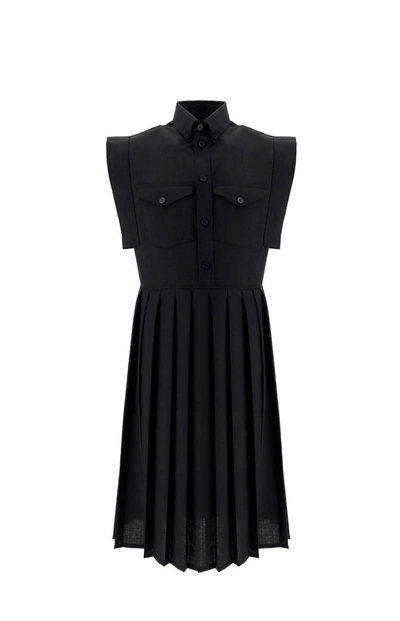 Shop Burberry Pleated Shirt Dress In Black