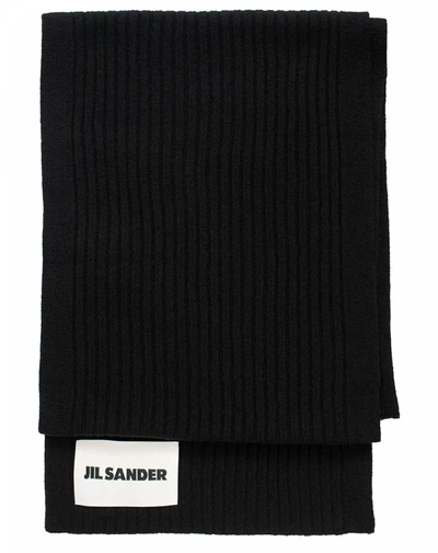 Shop Jil Sander Black Ribbed Wool Scarf