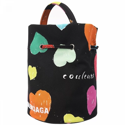 Balenciaga Wheel Multicolor Heart Drawstring Bucket Bag In Black