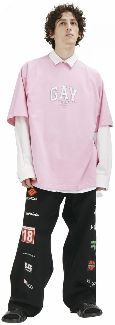 Shop Balenciaga Pink 'gay Pride' Embroided T-shirt