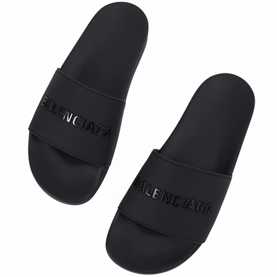 Shop Balenciaga Black Logo Slippers In White