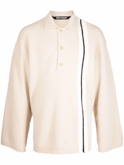 Shop Palm Angels Side-stripe Knit Polo Shirt In Neutrals