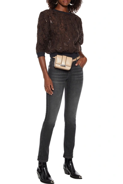 Shop Brunello Cucinelli Bead-embellished Leather-trimmed Mid-rise Skinny Jeans In Charcoal