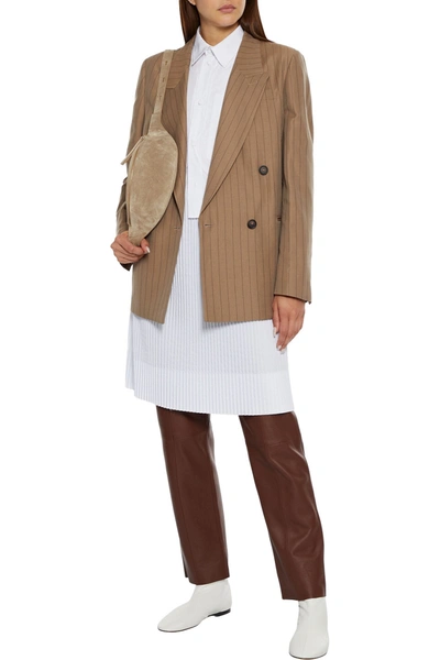 Shop Brunello Cucinelli Double-breasted Pinstriped Wool And Linen-blend Blazer In Sand