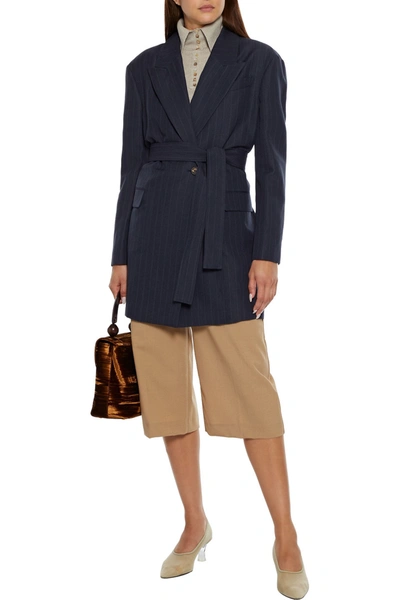 Shop Brunello Cucinelli Belted Pinstriped Wool And Linen-blend Blazer In Navy