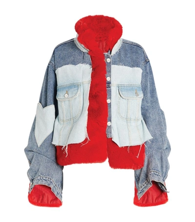 Shop Natasha Zinko Faux Fur-lined Denim Jacket In Red