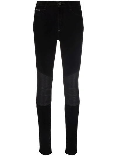 Shop Philipp Plein Leather-inset High-waist Skinny Jeans In Black