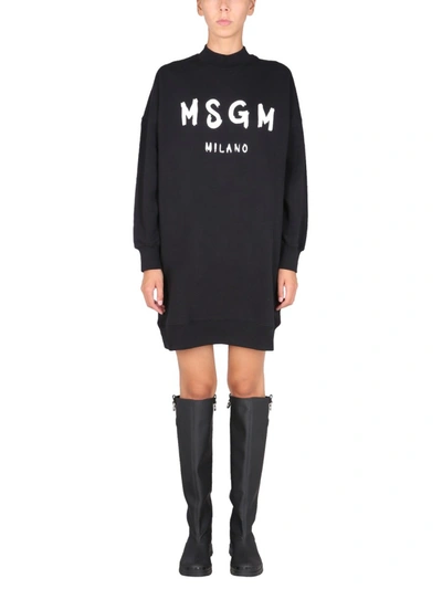 Shop Msgm Dress With Brushed Logo Print In Black