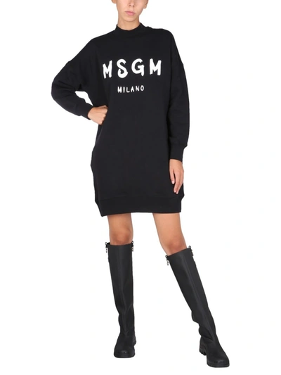 Shop Msgm Dress With Brushed Logo Print In Black