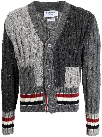 Shop Thom Browne Rwb Stripe Cable-knit Cardigan In Grey