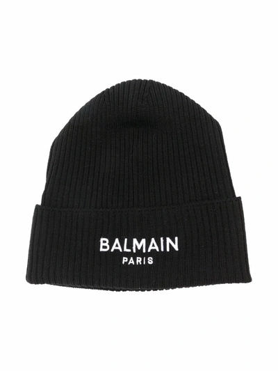 Balmain Teen Logo-embroidered Wool Beanie In Black
