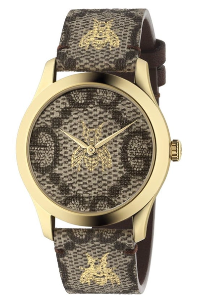 Shop Gucci G-timeless Gg Supreme Canvas Strap Watch, 37mm In Brown/ Gold