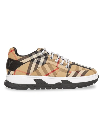 Shop Burberry Kid's Brockton Check Sneakers In Archive Beige