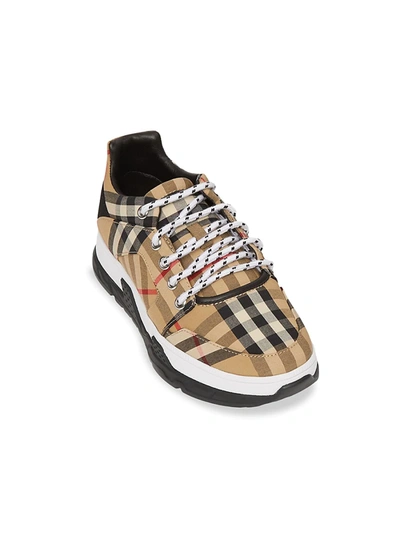 Shop Burberry Kid's Brockton Check Sneakers In Archive Beige