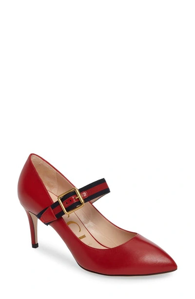 Shop Gucci Mary Jane Pointed Toe Pump In Red Leather