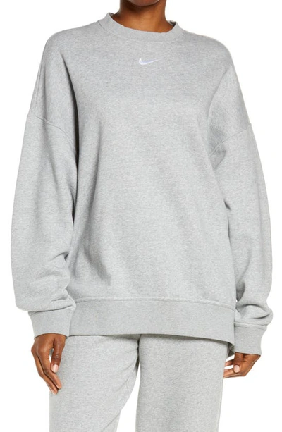Shop Nike Sportswear Collection Essentials Oversize Fleece Crew Sweatshirt In Dk Grey Heather/ White