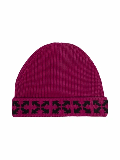 Shop Off-white Logo Intarsia Ribbed Beanie In Pink