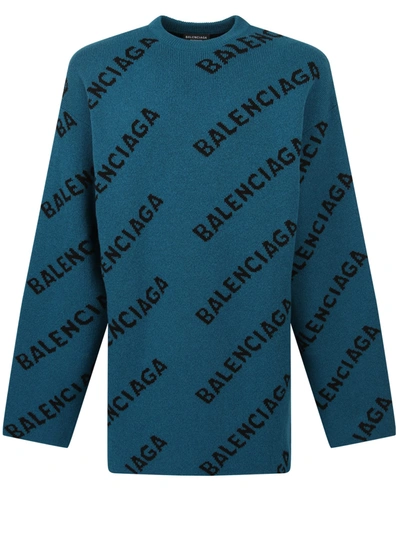 Shop Balenciaga Pull Girocollo Con Stampa All-over In Blue