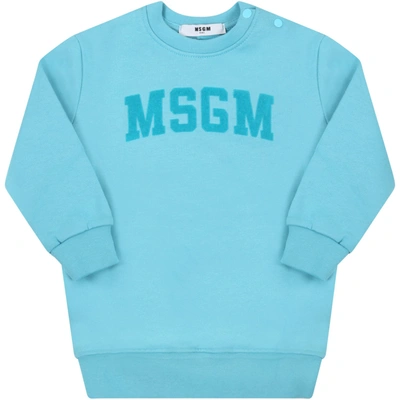 Shop Msgm Light-blue Dress For Baby Girl With Velvet Logo In Light Blue