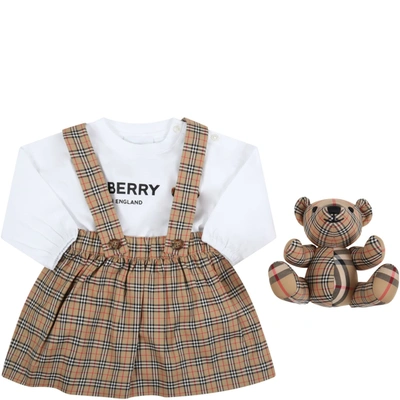 Shop Burberry Multicolor Set For Baby Girl In Beige